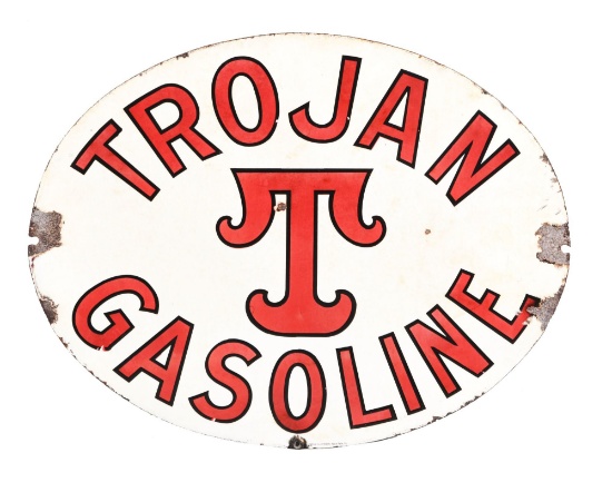 Very Rare Trojan Gasoline Porcelain Curb Sign.