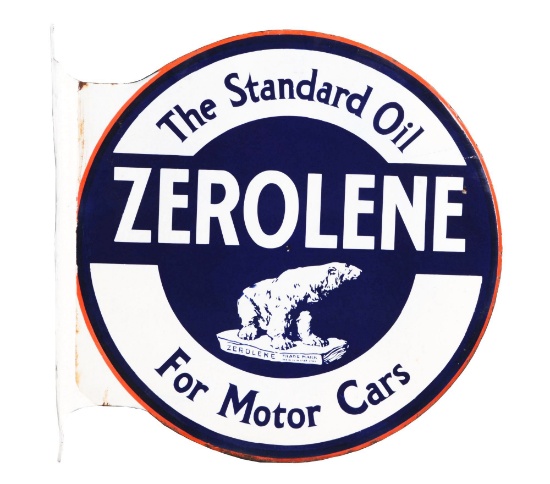 Zerolene For Motor Cars Porcelain Flange Sign with Polar Bear Graphic.
