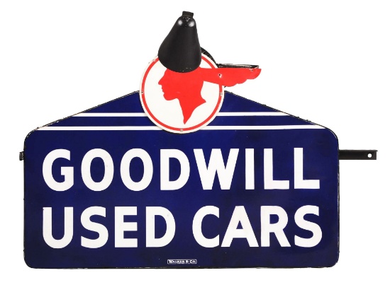 Goodwill Used Cars Die Cut Porcelain Sign On Metal Can with Light Sconces.