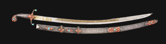 Fine Ottoman Silver Mounted Coral and Turquoise Encrusted Kilij.