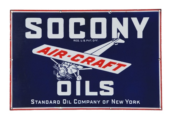 Socony Aircraft Oils Porcelain Sign with Airplane Graphic.