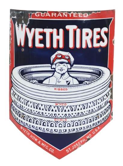 Wyeth Tires w/ Boy In The Tires Graphic Curved Porcelain Sign.