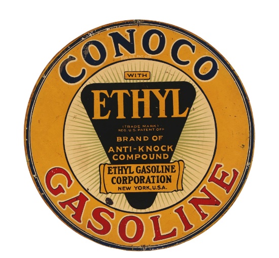 Very Rare Conoco Ethyl Gasoline Tin Curb Sign.