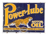 Powerlube Motor Oil Porcelain Sign with Tiger Graphic.