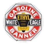 White Eagle Banner Gasoline Porcelain Sign with Ethyl Burst Logo.