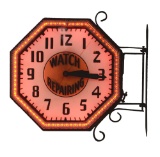 All Original Watch Repairing Acid Etched Glass Outdoor Neon Clock with Raw Iron Flange Bracket.