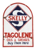 Skelly Gasoline & Tagolene Oils & Greases Porcelain Tombstone Sign.