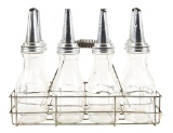 Set of 8: Glass Oil Bottles with Original Metal Lids & Rack.