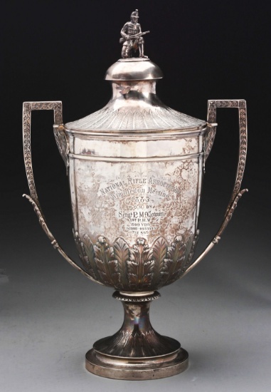 Massive 1885 Sterling Silver English Hallmarked London Figural Trophy Cup.