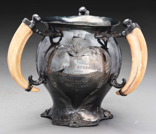 Silver Plated Peters Catridge Company 1902 Three-Horn Handled Trophy Cup.