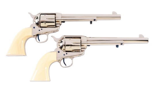 (M) Consecutive Numbered Pair USFA Single Action Army Nickel/Ivory Revolvers.
