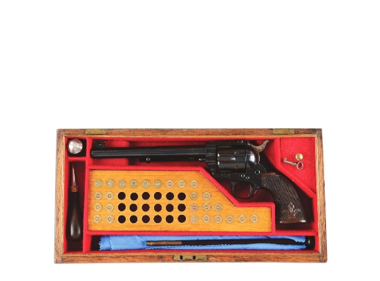 (A) Cased London Colt Single Action Army Flat Top .45 Caliber Target Revolver (1890).