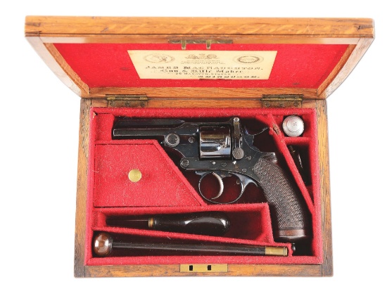 (A) Cased Dealer Marked English Double Action Revolver.