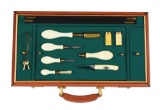 High Quality Set of  Ivory Handled Gun Tools by Ken Steggles and Knife in Oak and Leather Case.
