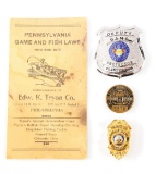 Lot of 4: Game Warden Badges & Law Booklet.
