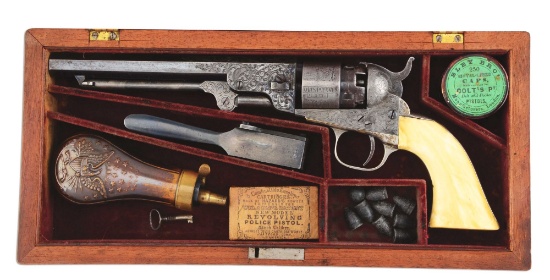 (A) Rare Factory Engraved Cased Colt Model 1862 Pocket Navy with Ivory Grips (1861).
