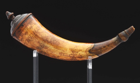 Rare Artillery Engraved "sorray Coun North Carolina" Powder Horn With Cannons.