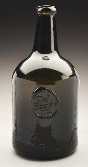 Rare 1771 Dated Black Glass Decanter With Personal Seal Of Timothy Horsfield.