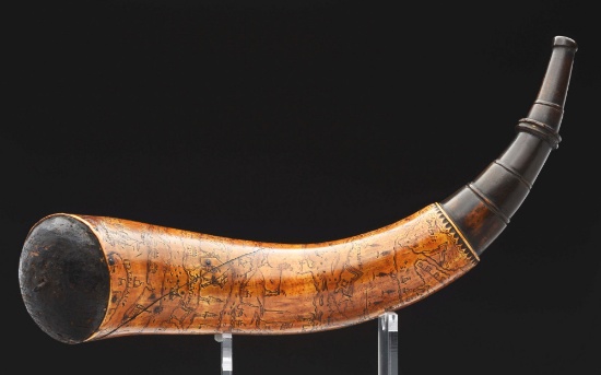 Large And Detailed French & Indian War Engraved Map Powder Horn Of Quebec, Lake Erie And Ontario, Ma