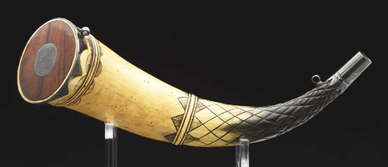 Shuttleworth Family English Silver Mounted And Engraved Powder Horn.