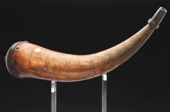 Engraved Powder Horn Carved With Soldiers In Battle.