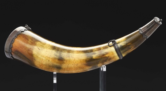 Powder Horn With Scottish Style Silver Mounts.