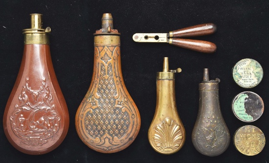 Lot Of 8: Powder Flasks, Bullet Mold & Cap Tins.