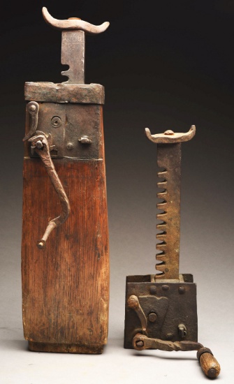 Lot Of 2: Early Conestoga Wagon Jacks, One Dated 1760.