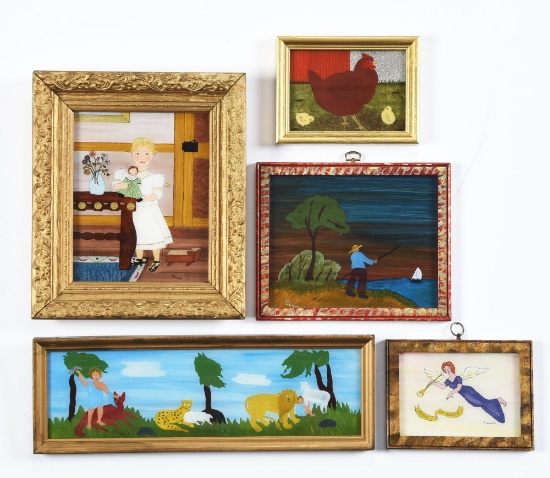 Lot Of 5: Framed Reverse On Glass Folk Art Paintings By Patricia Lausch.