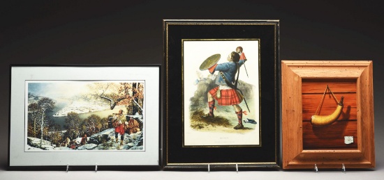 Lot Of 3: Framed Hand-colored Highlander Litho, Original Painting Of Powder Horn By James Briggs, &
