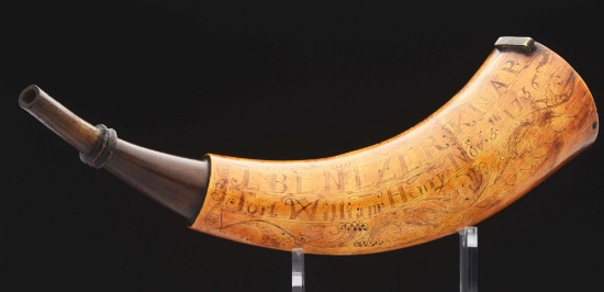 Fine And Rare John Bush Engraved Powder Horn Of Ebenezer Knap, Fort William Henry, 1756