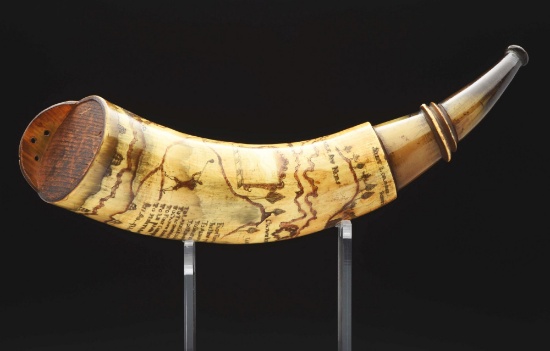 Large Engraved New York Map Powder Horn Attributed To The Pointed Tree Carver Horn, List Of Distance