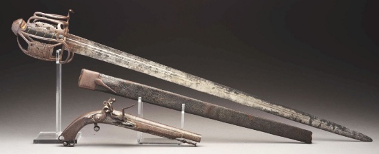 (a) Important Identified Scottish Flintlock Pistol By Allen & Basket Hilted Backsword, Both Used By