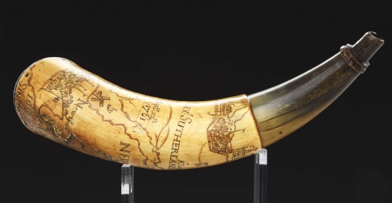 Engraved Map Powder Horn Of Alexander Sutherland, Capt. In The J.H.B. Attributed To The Master Carve