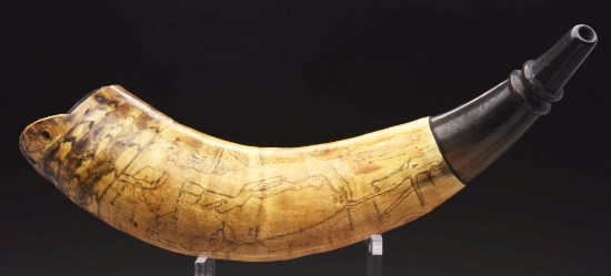 Engraved Map Powder Horn Inscribed Jan Fraser R.H.E. (royal Highland Emigrants), Fort Edward To Crow