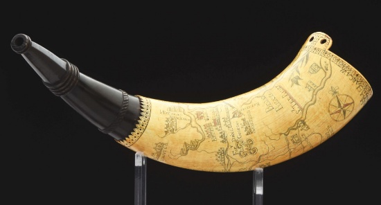 Rare Engraved North Carolina Map Powder Horn With View Of Charlestown, Sc And Fort Johnston, Owned B