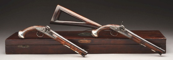 (a) Documented Pair Of Silver Mounted Pistols By Barbar With Shoulder Stock, Belonging To Captain Ro
