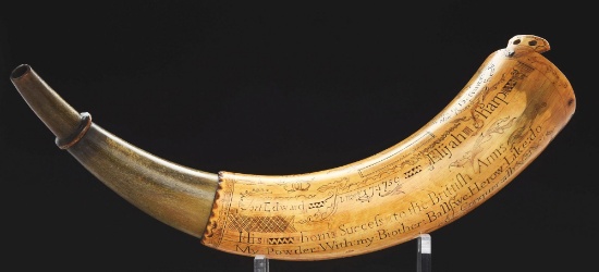 Engraved Powder Horn Of Elijah Sharp, Dated 1759, Fort Edward, "defiance To The Proud French".