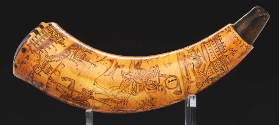 Powder Horn Attributed To The Master Carver Engraved With Detailed Military Scenes.
