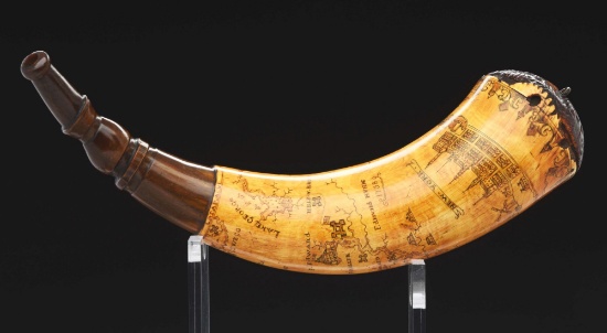 Important And Documented Engraved New York Map Powder Horn Of Roger's Rangers And Lexington Veteran,