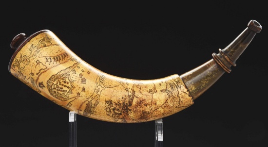Engraved Quebec Map Powder Horn, Attributed To The Master Carver.