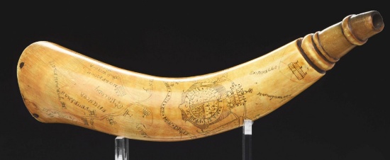 Large Engraved Map Powder Horn Featuring Forbes Road And Other Prominent French And Indian War Route