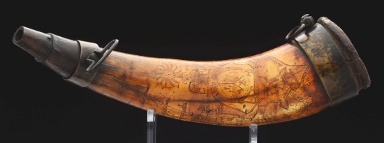 Large Brass Banded Forbes Road Engraved Map Powder Horn Inscribed "god Bles The Master", Ex. Dumont