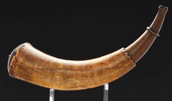1776 Dated Revolutionary War Engraved Powder Horn Of Dan Pond, Featuring The Rose Ship Of War.
