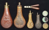 Lot Of 8: Powder Flasks, Bullet Mold & Cap Tins.