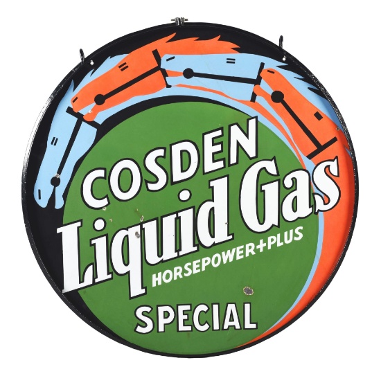 Rare Cosden Gasoline Liquid Gas Horsepower Plus Special Porcelain Sign with Horse Graphics.