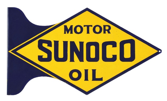 New Old Stock Sunoco Motor Oil Die Cut Porcelain Flange Sign.