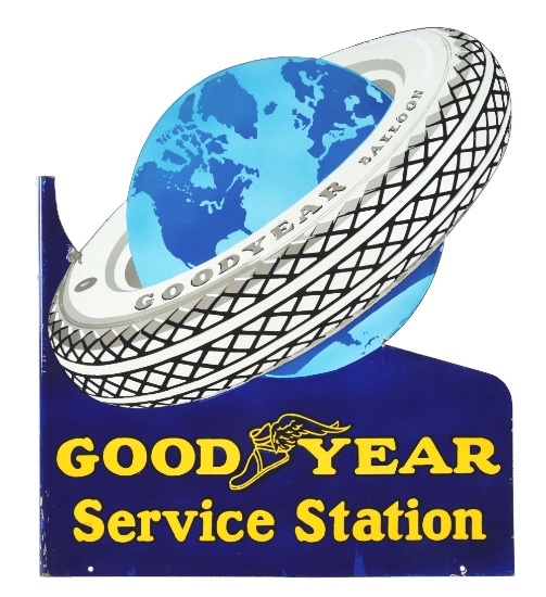Goodyear Tires Service Station Die-Cut Porcelain Flange Sign with Tire & Globe Graphic.