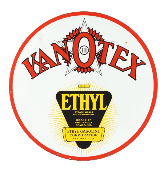Kanotex Gasoline Porcelain Sign with Ethyl Burst Graphic.