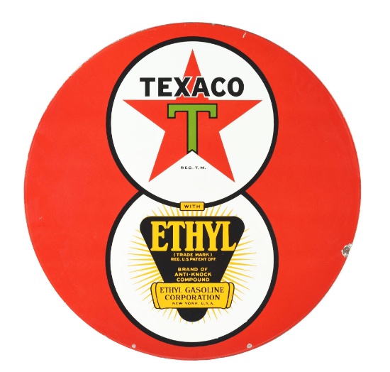 Rare Texaco Ethyl Gasoline 8 Ball Porcelain Curb Sign.